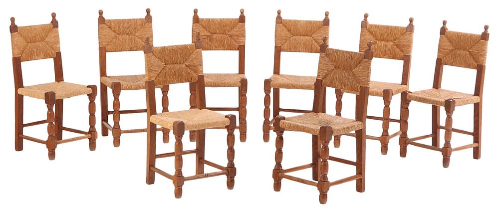 EIGHT ELEGANT FRENCH OAK AND RUSH DINING CHAIRS IN THE MANNER OF CHARLES DUDOUYT C 1940. Eight 