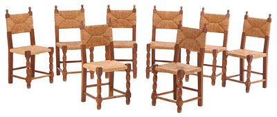 EIGHT ELEGANT FRENCH OAK AND RUSH DINING CHAIRS IN THE MANNER OF CHARLES DUDOUYT C 1940. Eight 