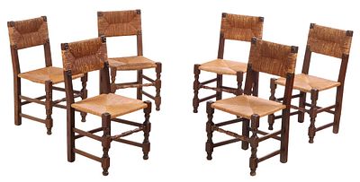 SIX FRENCH OAK AND RUSH DINING CHAIRS IN THE MANNER OF DUDOUYT C 1940 HAVING CIRCULAR MOTIFS. Si 