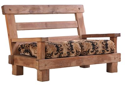 FRENCH OAK BRUTALIST STYLE SETTEE HAVING EXTRA THICK TIMBER AND LOOSE CUSHION UPHOLSTERY C 1960. 