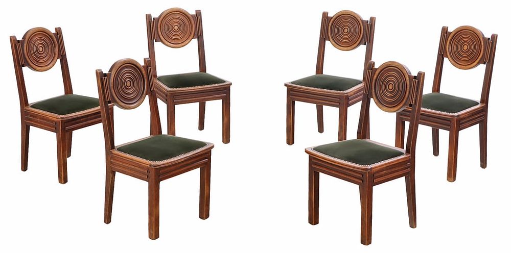 SIX FRENCH MAHOGANY DINING CHAIRS ATTRIBUTED TO CHARLES DUDOUYT HAVING CIRCULAR DESIGN C 1940. S 