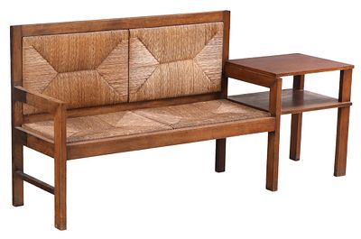 FRENCH WOOD AND RUSH SEAT BENCH WITH INTEGRAL TABLE C 1940. French wood and rush seat bench 