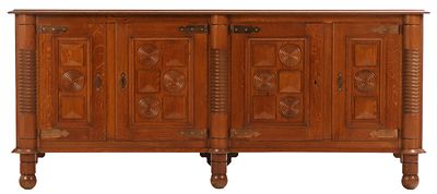 FOUR DOOR FRENCH OAK SIDEBOARD WITH GEOMETRIC MOTIFS IN THE MANNER OF CHARLES DUDOUYT C 1940. Fo 