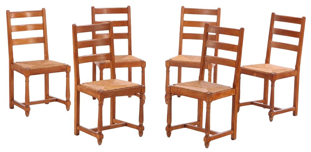 SIX FRENCH OAK AND RUSH SIDECHAIRS C 1950. Six French oak and rush sidechairs C 1950. Ht: 38" 