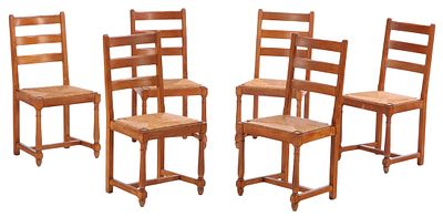 SIX FRENCH OAK AND RUSH SIDECHAIRS C 1950. Six French oak and rush sidechairs C 1950. Ht: 38" 