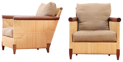 PAIR OF DONGHIA MERBOU CLUB CHAIRS WITH RUSH SIDES. Pair of Donghia Merbou Club chairs with 