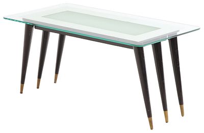 PAINTED WOOD ITALIAN COFFEE TABLE HAVING A GLASS TOP WITH A SILVERED BAND IN THE MANNER OF GIO. P 