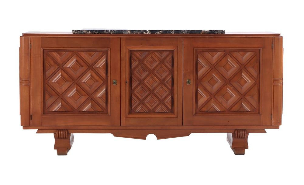 FRENCH THREE DOOR MAHOGANY SIDEBOARD WITH GEOMETRIC DESIGN, MARBLE TOP AND TWO INTERIOR. French 