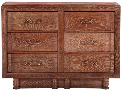 FRENCH EIGHT DRAWER CERUSED OAK COMMODE HAVING COPPER PLATED HARDWARE C 1940. French eight 