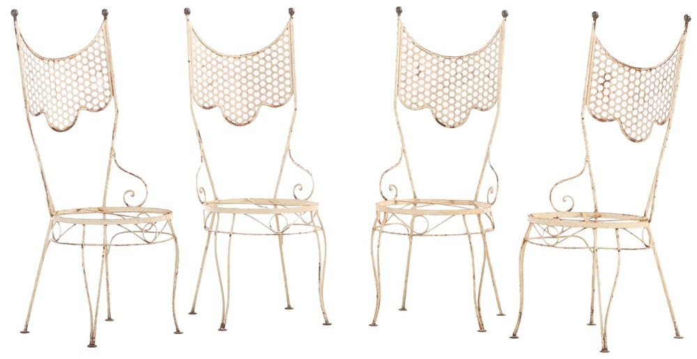SET OF FOUR WHIMSICAL FRENCH IRON CHAIRS, C 1950. Set of four whimsical French iron chairs, C 
