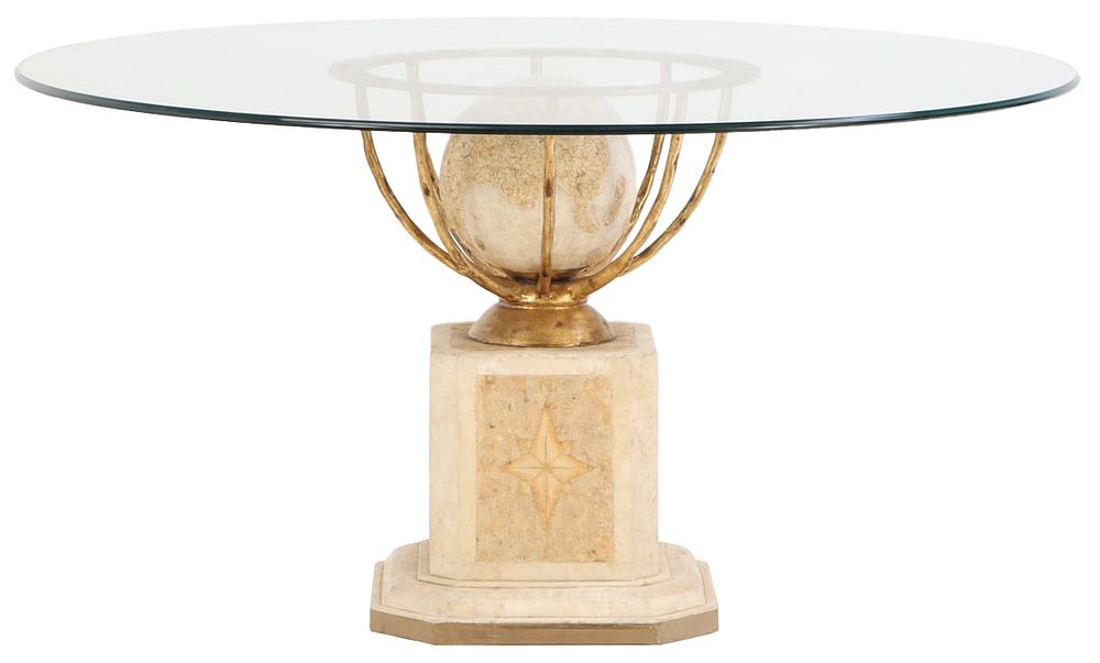 FRENCH GILT IRON AND GLASS TOP TABLE HAVING A RESIN BASE AND A RESIN SPHERE. French gilt iron 