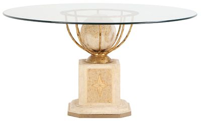 FRENCH GILT IRON AND GLASS TOP TABLE HAVING A RESIN BASE AND A RESIN SPHERE. French gilt iron 