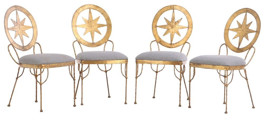 FOUR FRENCH GILT IRON STAR DECORATED SIDECHAIRS C 1970. Four French gilt iron star decorated 