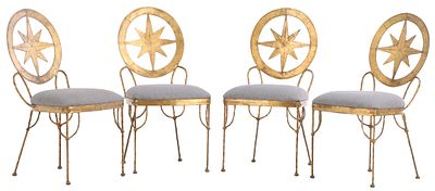 FOUR FRENCH GILT IRON STAR DECORATED SIDECHAIRS C 1970. Four French gilt iron star decorated 