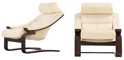 PAIR WHITE LEATHER CANTILEVERED LOUNGE CHAIRS C 1970. Pair white leather cantilevered lounge 