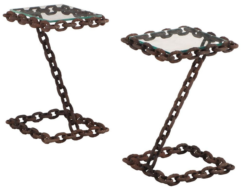 BRUTALIST CHAIN LINK GLASS TOP END TABLES C 1970. Brutalist chain link glass top end tables C 
