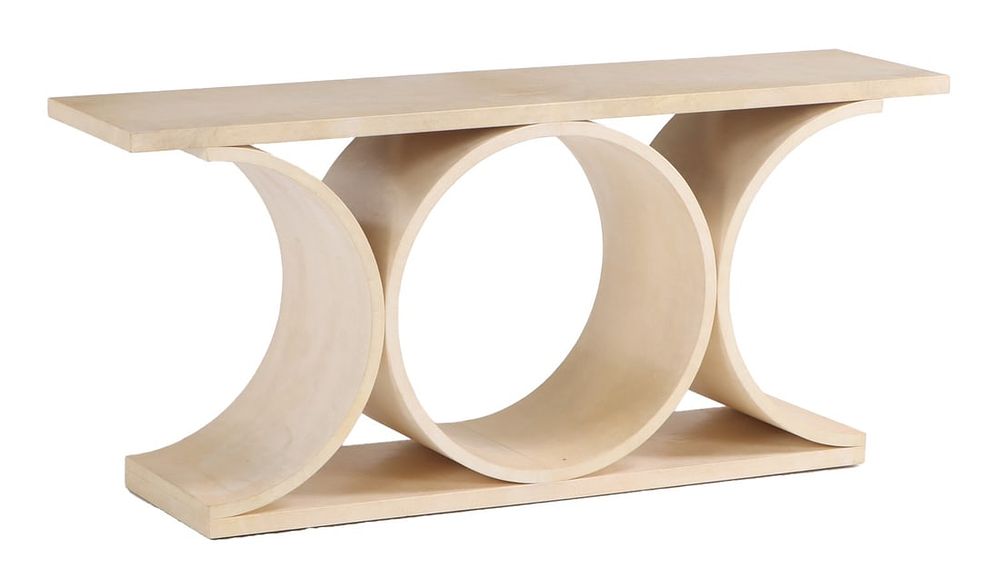 A PARCHMENT COVERED CONSOLE TABLE HAVING CIRCULAR DESIGN IN THE MANNER OF JEAN-MICHEL FRANK. A 