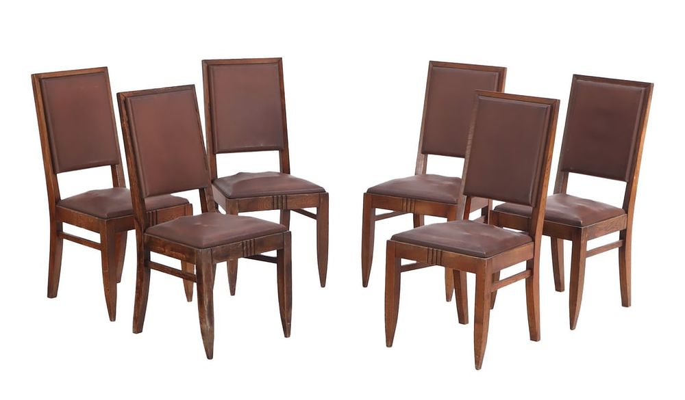 SIX FRENCH OAK DINING CHAIRS C 1940. Six French oak dining chairs C 1940. Ht: 38.5" Wd: 18.5" 