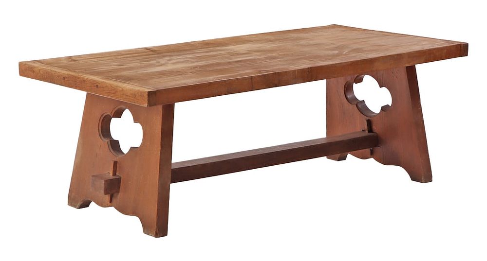 FRENCH OAK BRUTALIST STYLE TABLE HAVING A THICK TOP AND STRETCHER BASE C 1945. DISMANTLES. Frenc 