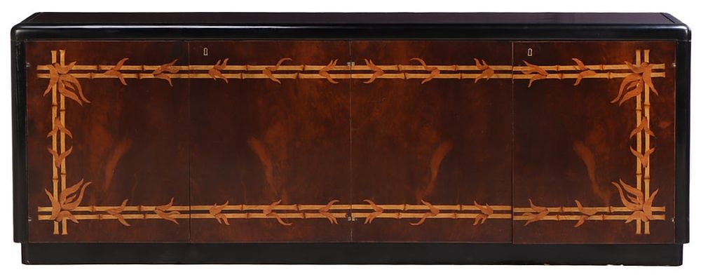 FOUR DOOR BURL WALNUT SIDEBOARD HAVING UNUSUAL FAUX BAMBOO INLAY AND A SYCAMORE INTERIOR WITH. Fo 