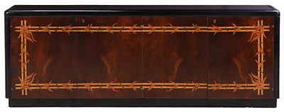 FOUR DOOR BURL WALNUT SIDEBOARD HAVING UNUSUAL FAUX BAMBOO INLAY AND A SYCAMORE INTERIOR WITH. Fo 