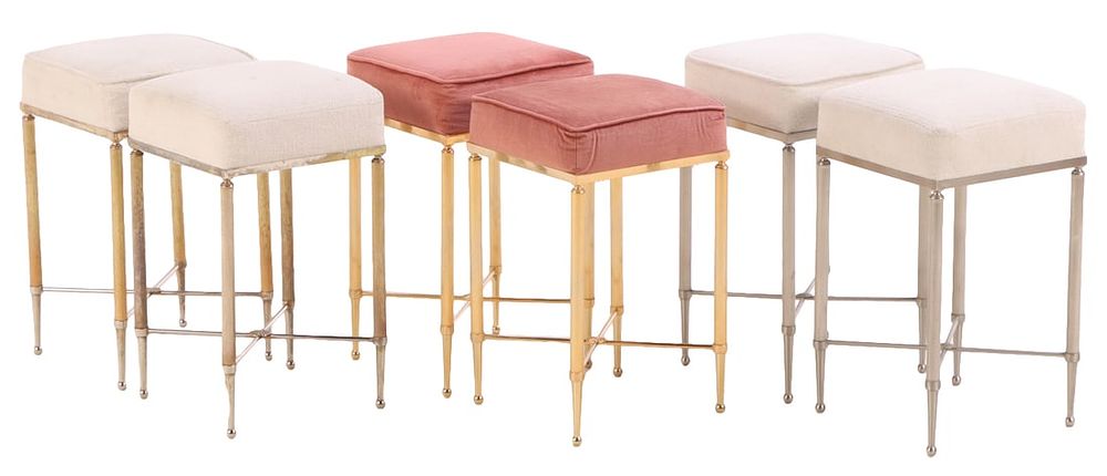 SIX FRENCH METAL AND UPHOLSTERED STOOLS IN THE MANNER OF JANSEN C 1970. Six French metal and 