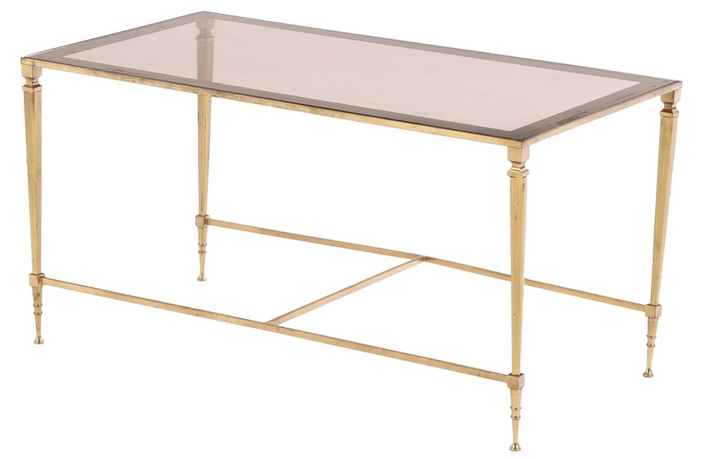 FRENCH BRASS AND SILVERED GLASS DIRECTOIRE STYLE COFFEE TABLE C 1950. French brass and silvered 