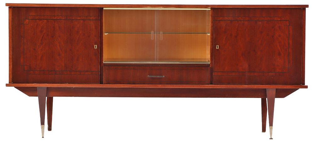 FRENCH BURL WOOD SIDEBOARD WITH CENTRAL BAR COMPARTMENT WITH SLIDING GLASS DOORS C 1950. French 