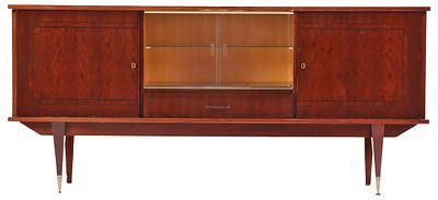 FRENCH BURL WOOD SIDEBOARD WITH CENTRAL BAR COMPARTMENT WITH SLIDING GLASS DOORS C 1950. French 