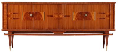 FRENCH MAHOGANY SIDEBOARD HAVING UNUSUAL INSET PANELS OF FLAME MAHOGANY AND A SYCAMORE INTERIOR C. 