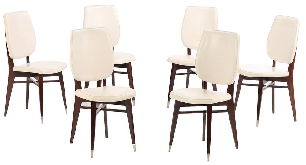 SIX MAHOGANY AND UPHOLSTERED FRENCH DINING CHAIRS C 1950. Six mahogany and upholstered French 