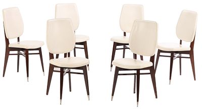 SIX MAHOGANY AND UPHOLSTERED FRENCH DINING CHAIRS C 1950. Six mahogany and upholstered French 