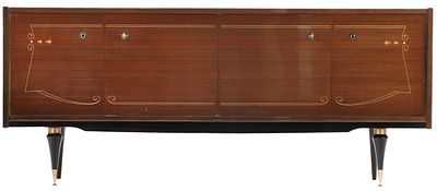 FRENCH MAHOGANY FOUR DOOR SIDEBOARD HAVING A SYCAMORE INTERIOR C 1950. French mahogany four 