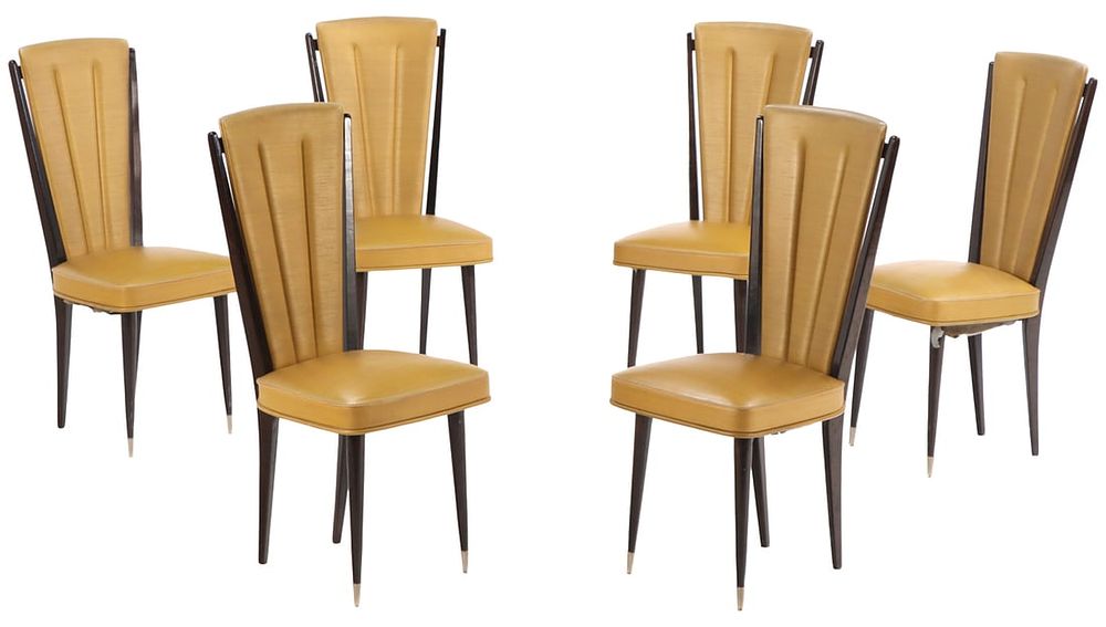 SIX WOOD AND UPHOLSTERED FRENCH DINING CHAIRS C 1955. Six wood and upholstered French dining 