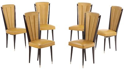 SIX WOOD AND UPHOLSTERED FRENCH DINING CHAIRS C 1955. Six wood and upholstered French dining 