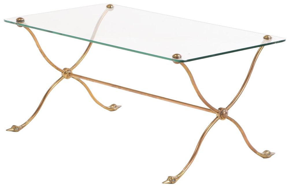 FRENCH BRASS AND GLASS COFFEE TABLE HAVING A SHAPED BASE WITH DUCK HEAD FEET. French brass and 