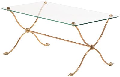 FRENCH BRASS AND GLASS COFFEE TABLE HAVING A SHAPED BASE WITH DUCK HEAD FEET. French brass and 