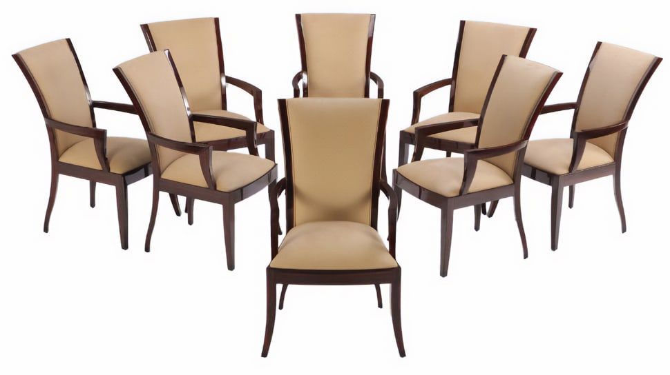 A SET OF EIGHT ART DECO STYLE MACASSAR EBONY DINING CHAIRS IN THE MANNER OF JULES LELEU. A set 