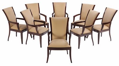 A SET OF EIGHT ART DECO STYLE MACASSAR EBONY DINING CHAIRS IN THE MANNER OF JULES LELEU. A set 