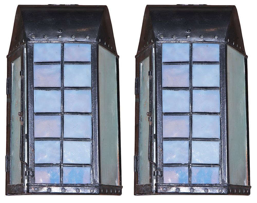 PAIR OF IRON LANTERNS HAVING BLUE LEADED GLASS FRONT PANELS AND INTERESTING BUBBLE GLASS SIDE. Pa 