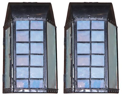 PAIR OF IRON LANTERNS HAVING BLUE LEADED GLASS FRONT PANELS AND INTERESTING BUBBLE GLASS SIDE. Pa 