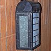 PAIR OF IRON LANTERNS HAVING BLUE LEADED GLASS FRONT PANELS AND INTERESTING BUBBLE GLASS SIDE. Pa Image - 4