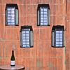 PAIR OF IRON LANTERNS HAVING BLUE LEADED GLASS FRONT PANELS AND INTERESTING BUBBLE GLASS SIDE. Pa Image - 6
