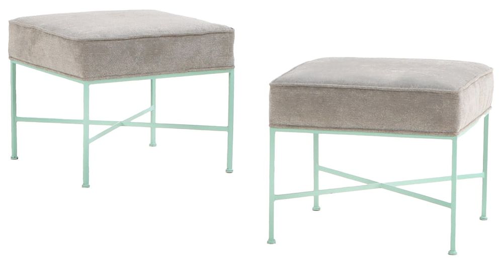 PAIR UPHOLSTERED AND PAINTED IRON STOOLS IN THE MANNER OF PAUL MCCOBB. Pair upholstered and 
