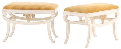 PAIR OF HOLLYWOOD REGENCY WHITE PAINTED AND GILT BENCHES, CIRCA 1950. Pair of Hollywood Regency 