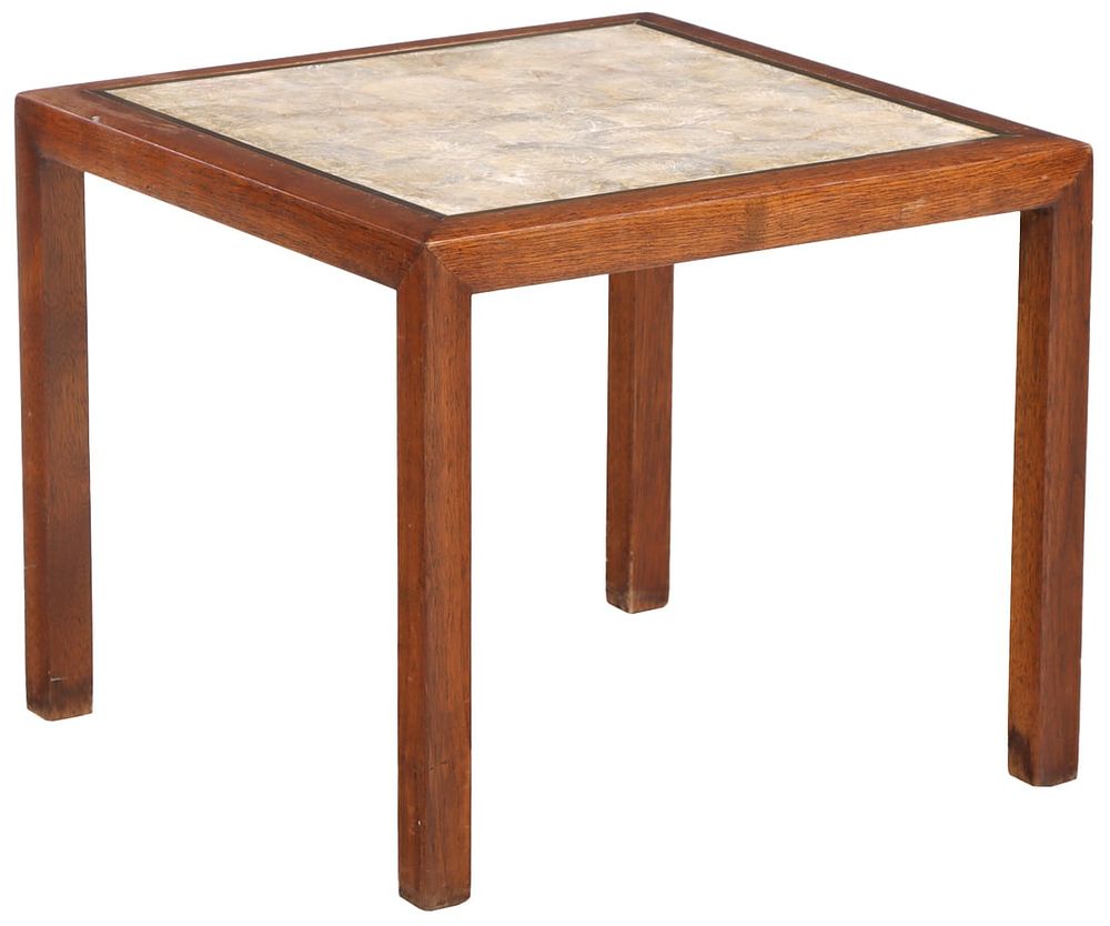 MID-CENTURY MODERN SHELL-TOPPED WALNUT SIDE TABLE. Mid-Century Modern shell-topped walnut side 