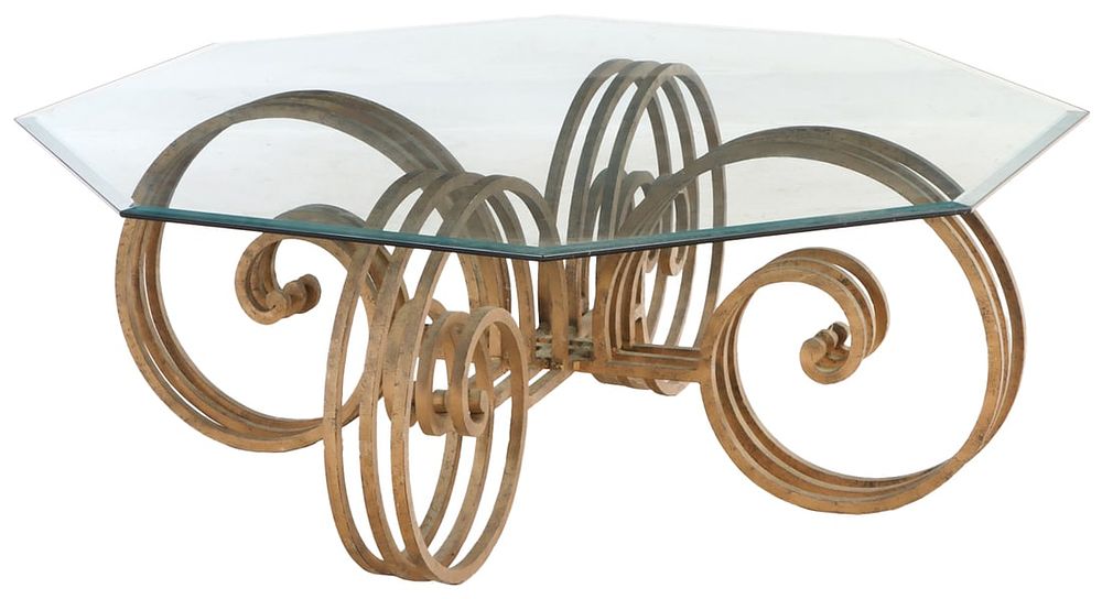 GLASS-TOPPED IRON COFFEE TABLE, CIRCA 1960. Glass-topped iron coffee table, circa 1960. Ht: 18" 