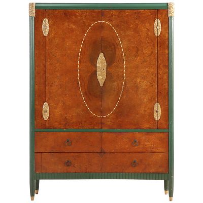 FRENCH ART DECO TWO-DOOR CABINET BY SOUBRIER IN BURLED WALNUT AND PAINTED SCULPTED WOOD, PAINTED. 