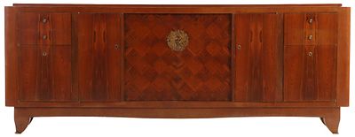 FRENCH ART DECO SIDEBOARD BY JULES LELEU, CIRCA 1945, IN ROSEWOOD WITH BRONZE MEDALLION AND DRAWER. 