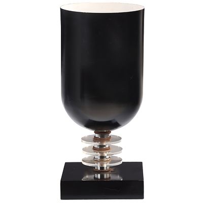 AMERICAN ART DECO TABLETOP TORCHIERE IN BLACK PAINTED METAL WITH PLEXIGLASS DISKS, CIRCA 1940. Am 